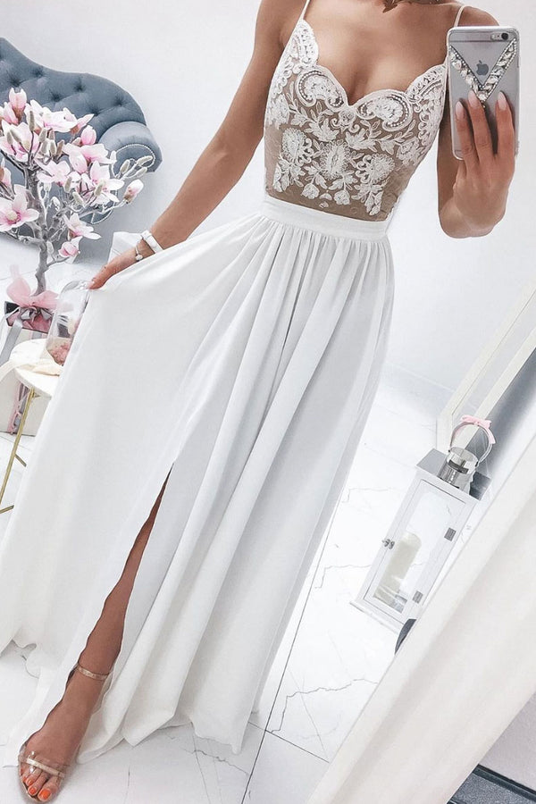 White sweetheart lace chiffon long prom dress white formal dress - dresstby