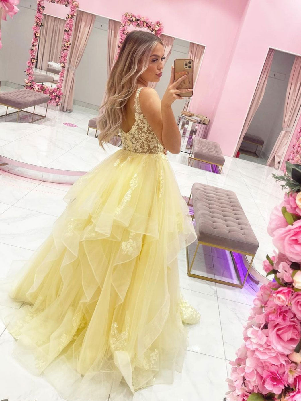 Yellow v neck tulle lace long prom dress, yellow tulle evening dress