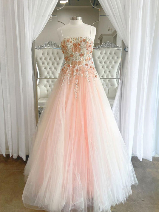 Pink v neck lace tulle long prom dress, pink tulle lace evening dress