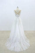 White round neck lace tulle long prom dress, white lace wedding dress ...