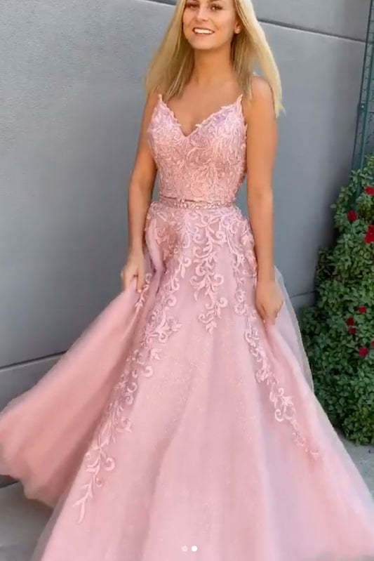 Pink Tulle Lace A-line Sweetheart Prom Dresses, Long Formal Dresses, MP683