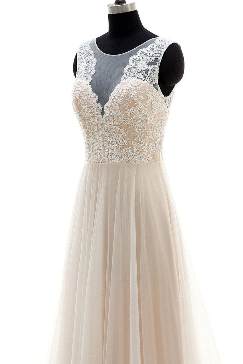 Champagne round neck tulle lace long 