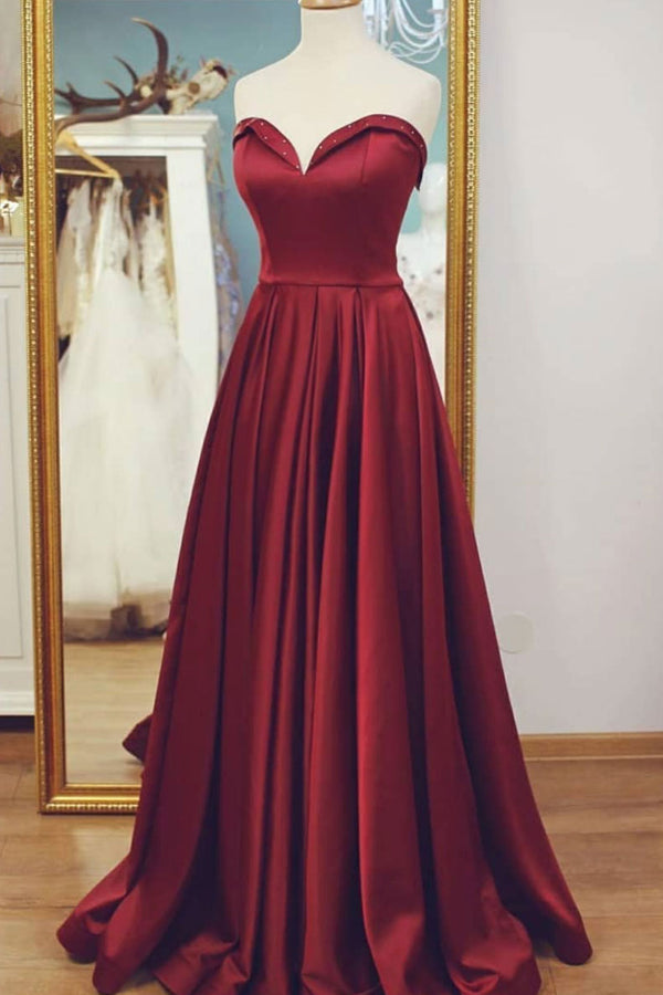Simple burgundy satin long prom dress, burgundy evening dress - dresstby
