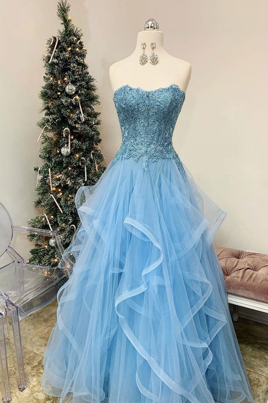 Blue sweetheart neck satin lace long prom dress blue formal dress