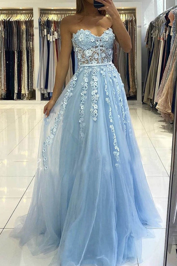 Blue tulle lace long prom dress blue tulle lace formal dress - dresstby