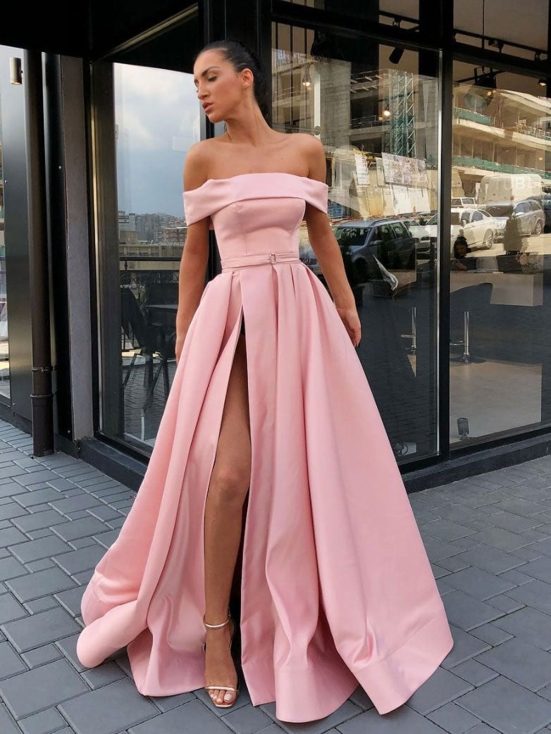 Simple A line pink satin long prom dress, pink evening dress – dresstby