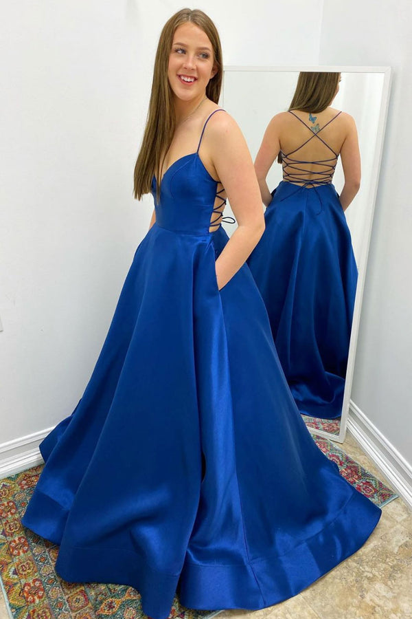 Simple v neck satin blue long prom dress blue formal dress - dresstby