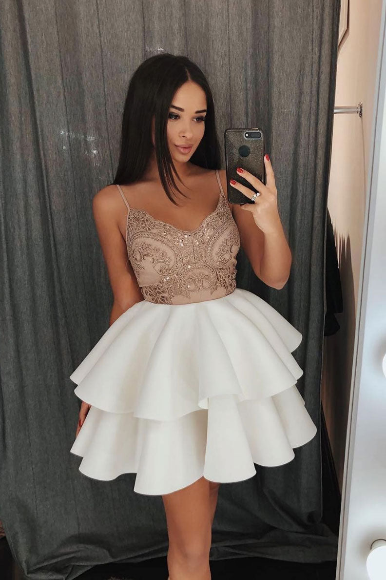 White lace short prom dress, white lace cocktail dress - dresstby