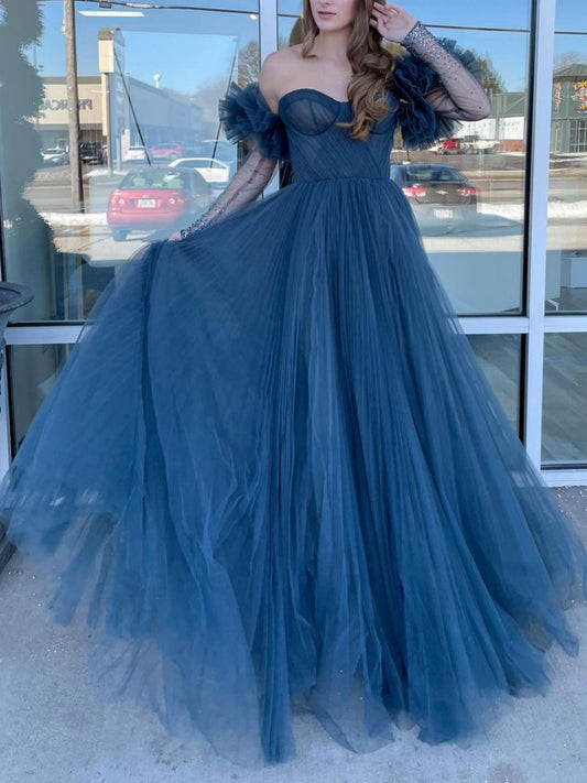 Gray blue tulle sequin long prom dress, gray blue tulle formal