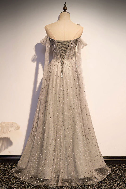 Gray tulle one shoulder long prom dress gray formal dress