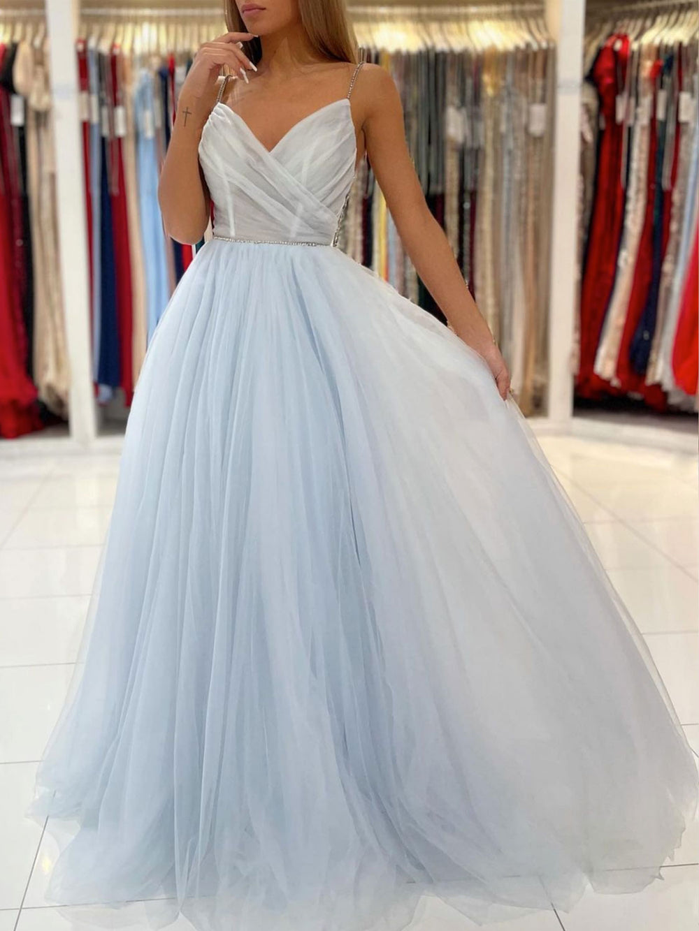 Light blue tulle long prom dress, blue tulle formal dress – dresstby