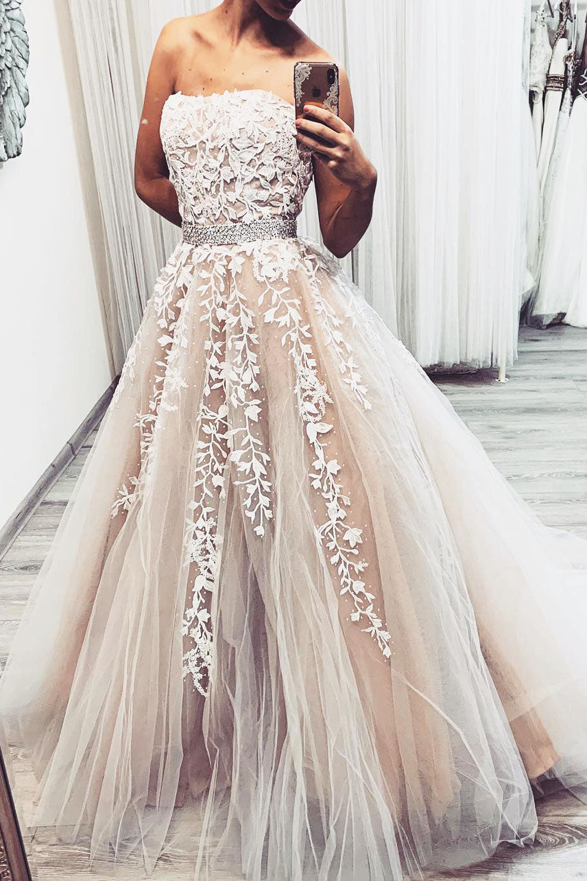 Champagne tulle lace long prom dress, tulle lace evening dress