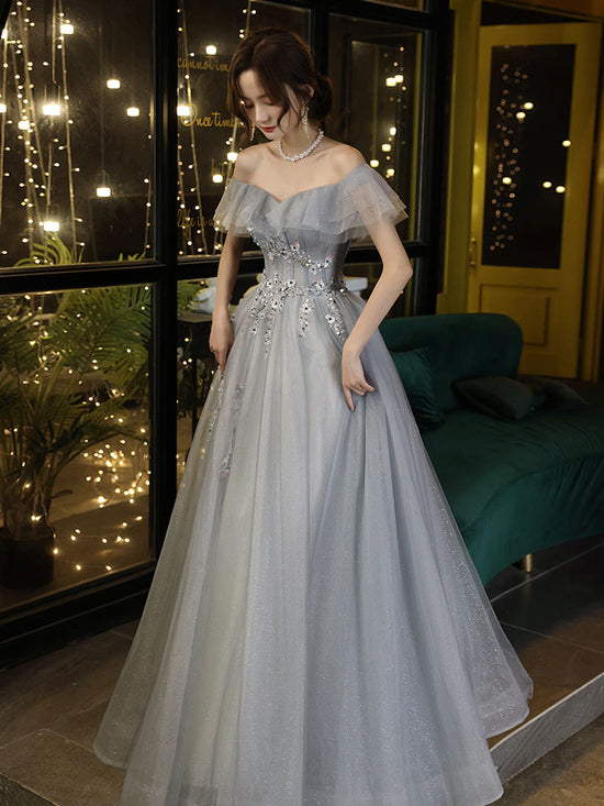 Gray tulle off shoulder long prom dress, gray tulle formal dress – dresstby