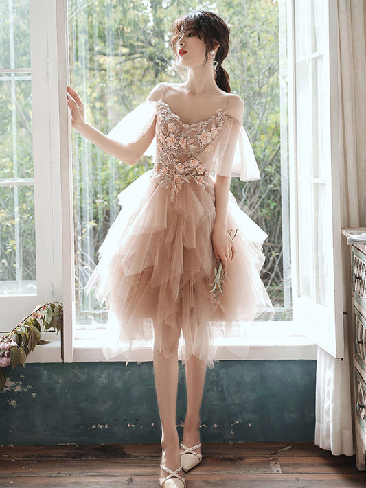 Champagne V Neck Tulle Lace Short Prom Dress, Champagne Homecoming Dress