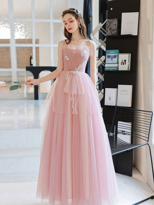 Pink A line tulle long prom dress pink formal evening dress