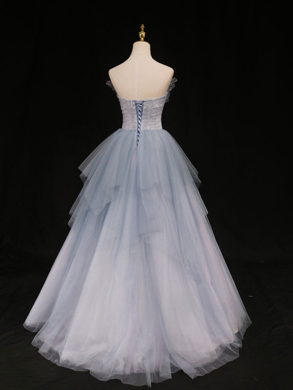 Blue A line sweetheart neck tulle long prom dress blue formal dress ...