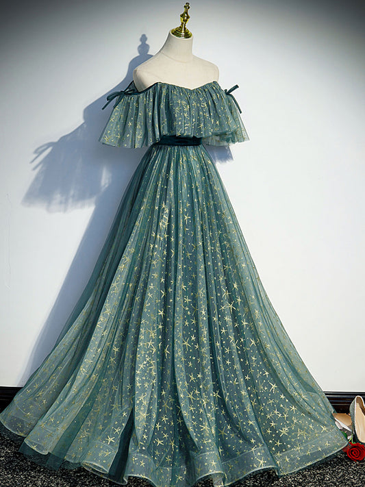 A-Line Sweetheart Neck Tulle Lace Applique Green Long Prom Dress