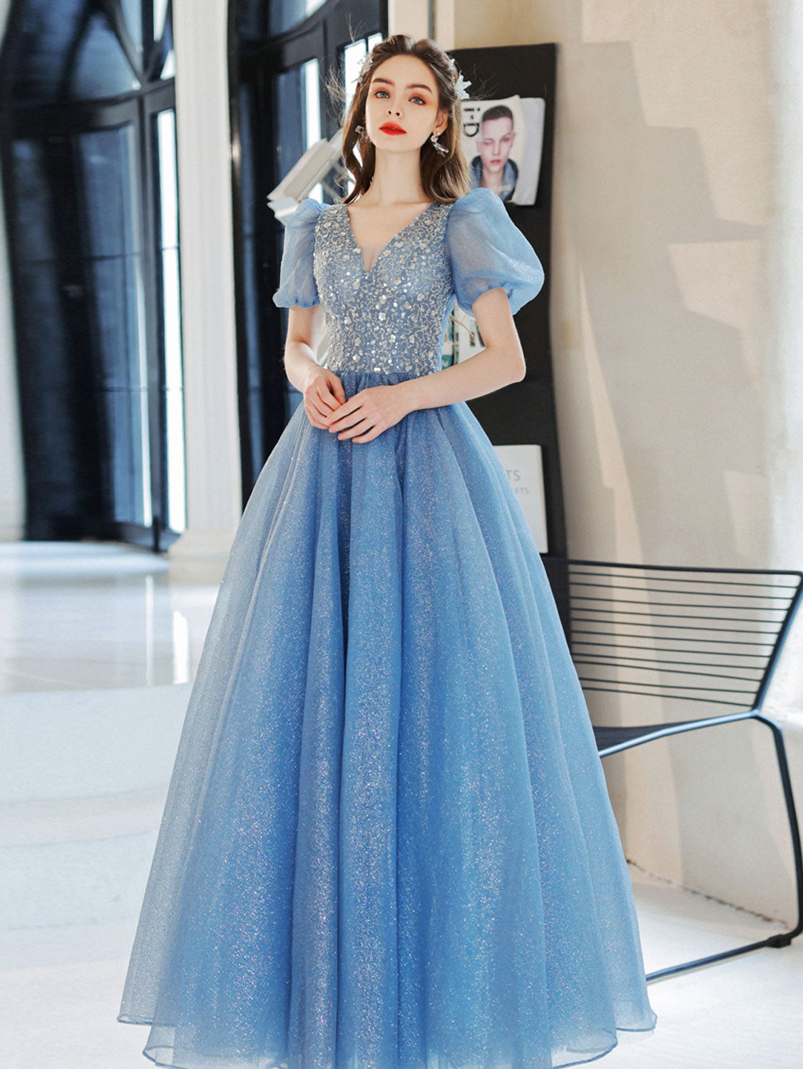Blue A-Line V Neck Sequin Tulle Long Prom Dress, Blue Formal Evening D ...
