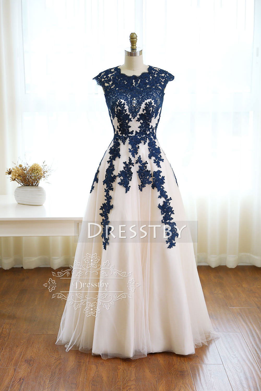 Dark blue  round neck tulle lace  long prom dress  