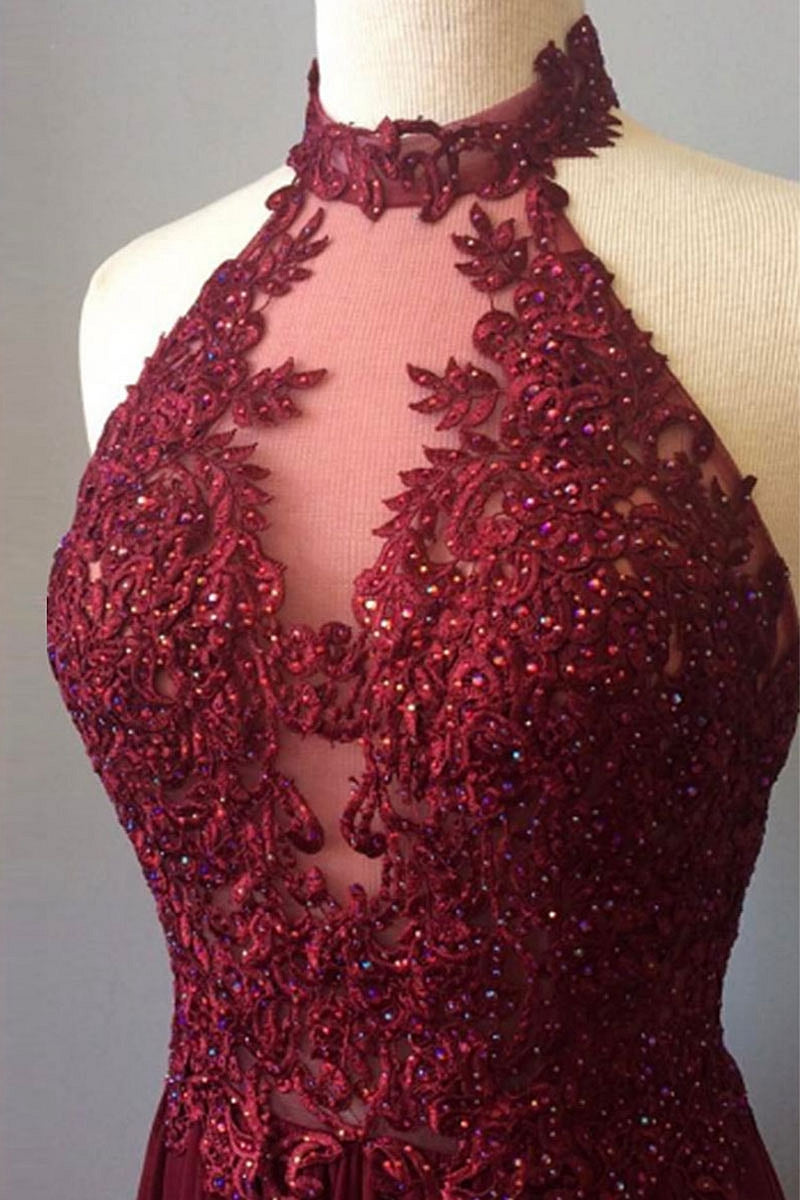 high neck maroon dress