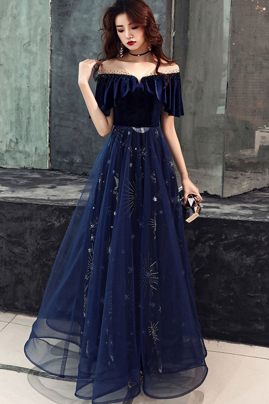 Blue tulle lace long prom dress, blue tulle evening dress – dresstby