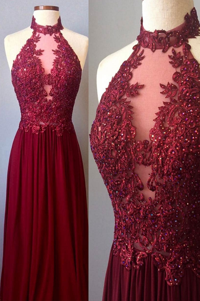 burgundy lace high neck long prom dress, burgundy evening dress dresstby