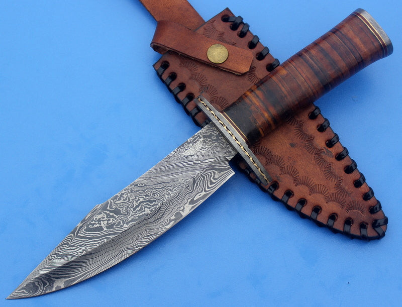 HTK-13 Damascus Knife custom handmade Bowie / Leather Handle / Damascu ...