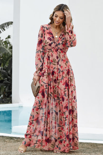 Floral Frill Trim Tiered Maxi Dress - What's Your Chic
