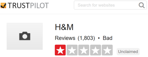 H&M Trustpilot.com Feedback Score