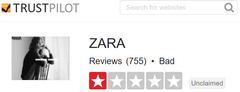 Zara Trustpilot.com Feedback Score