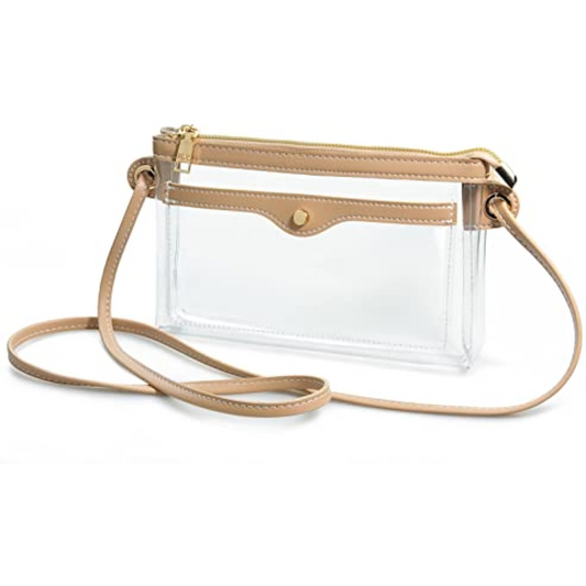 Women's Clear PVC Cross Body Bag with Vegan Leather Trim Zipper