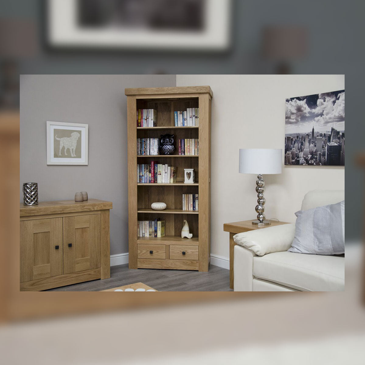 Grande Oak Bookcase With Drawers Oak Land Furniture