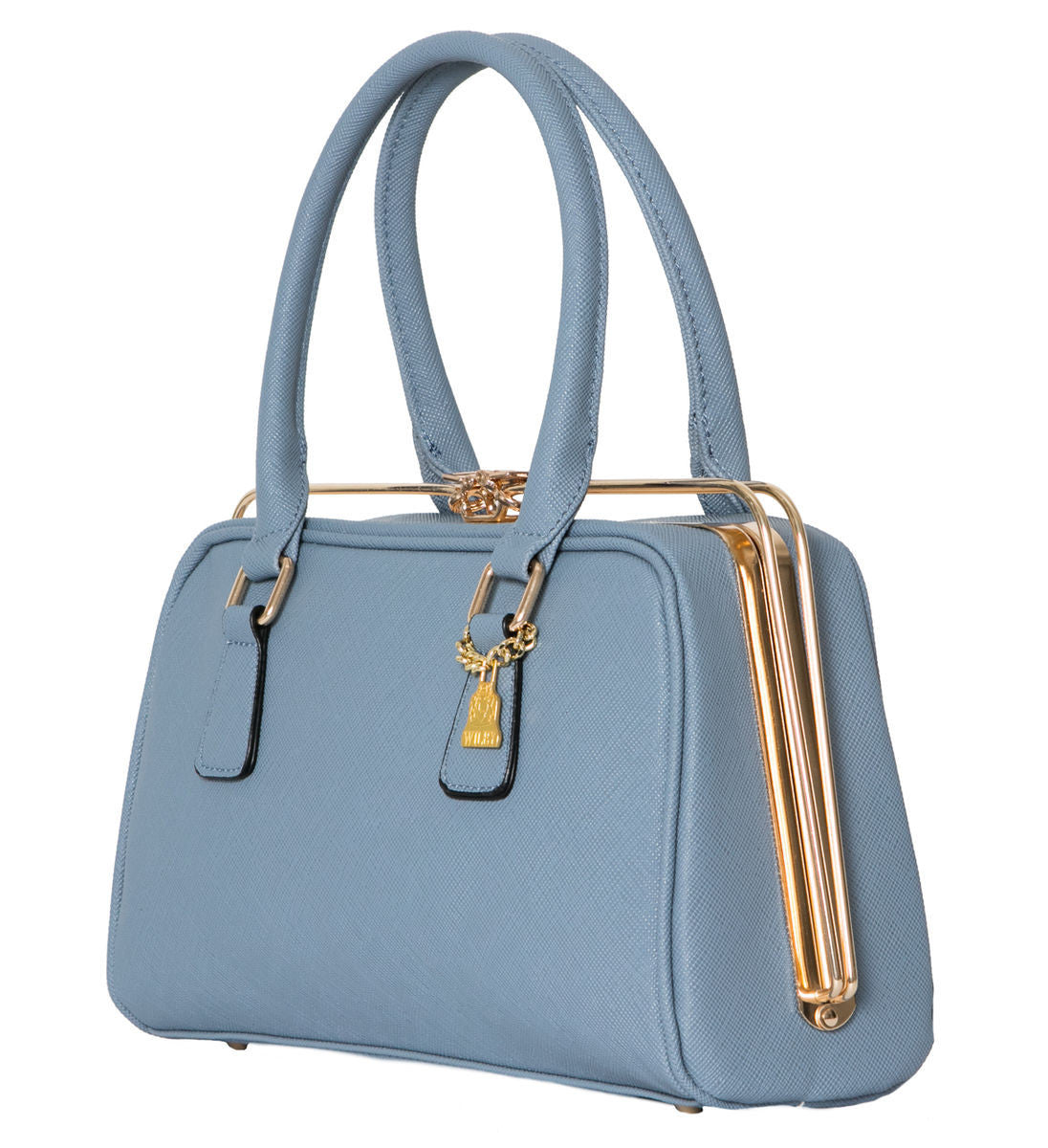 Luxury vegan designer Faux Leather metal rimmed Handbag in Pale Blue ...
