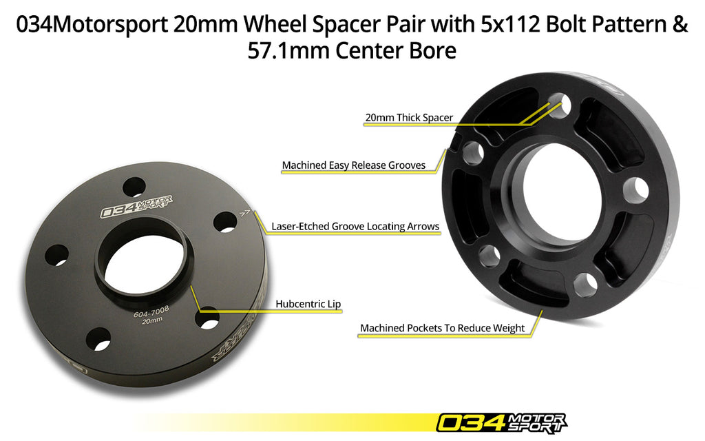 034Motorsport Wheel Spacer Pair, 20mm, Audi/Volkswagen 5x112mm with 57.1mm Center Bore - ML Performance UK