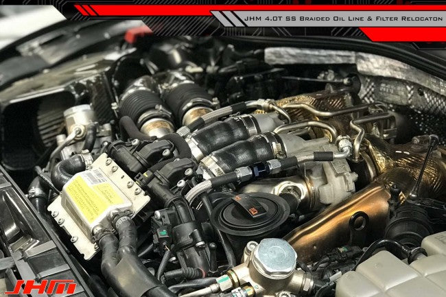 JHM Audi C7 D4 4.0T V8 Stainless Braided Turbo Oil Line & Strainer/Screen Relocation Kit (Inc. S6, S7, RS7 & S8) - ML Performance UK