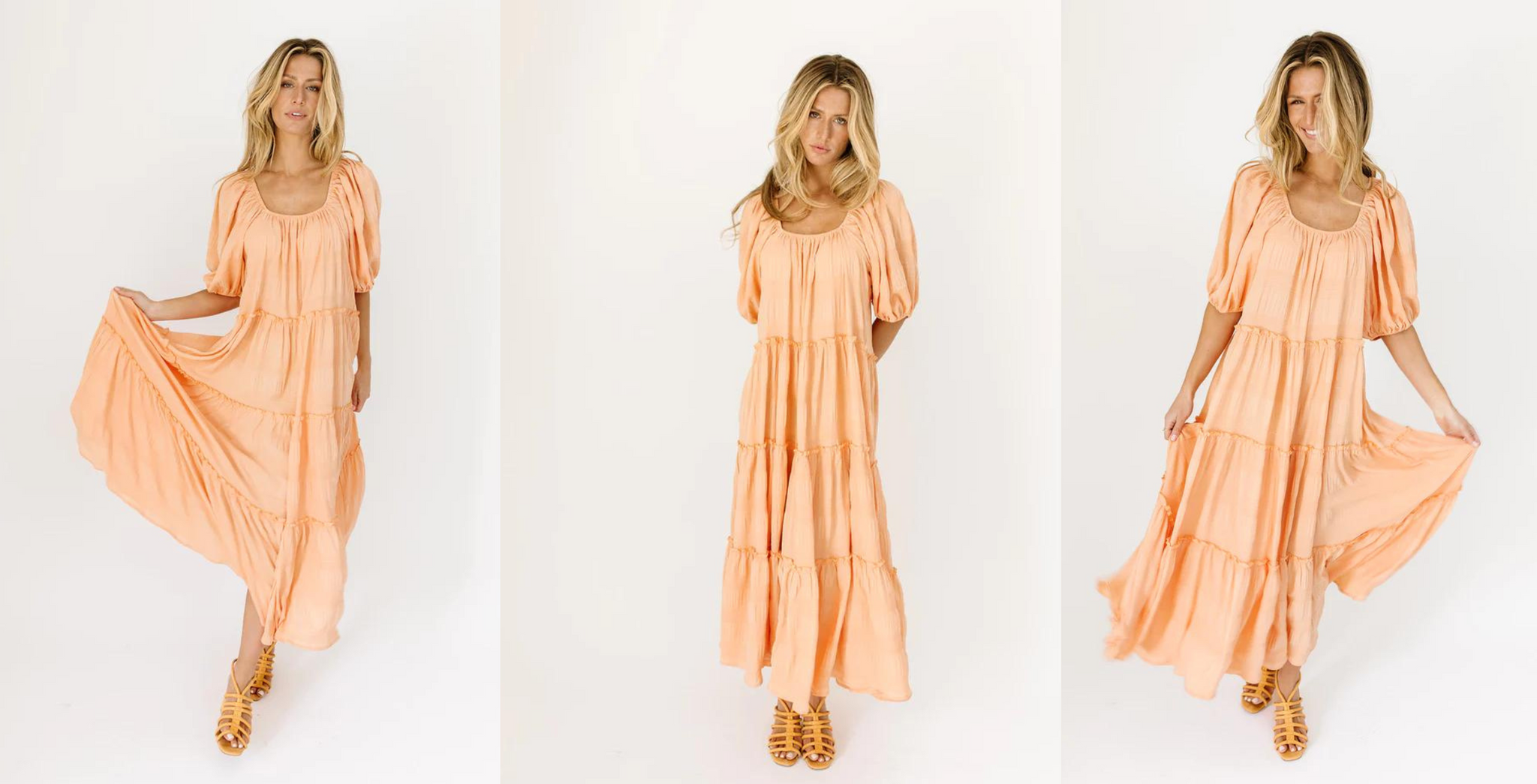 Peach maxi dress outfit idea for a formal occasion. 