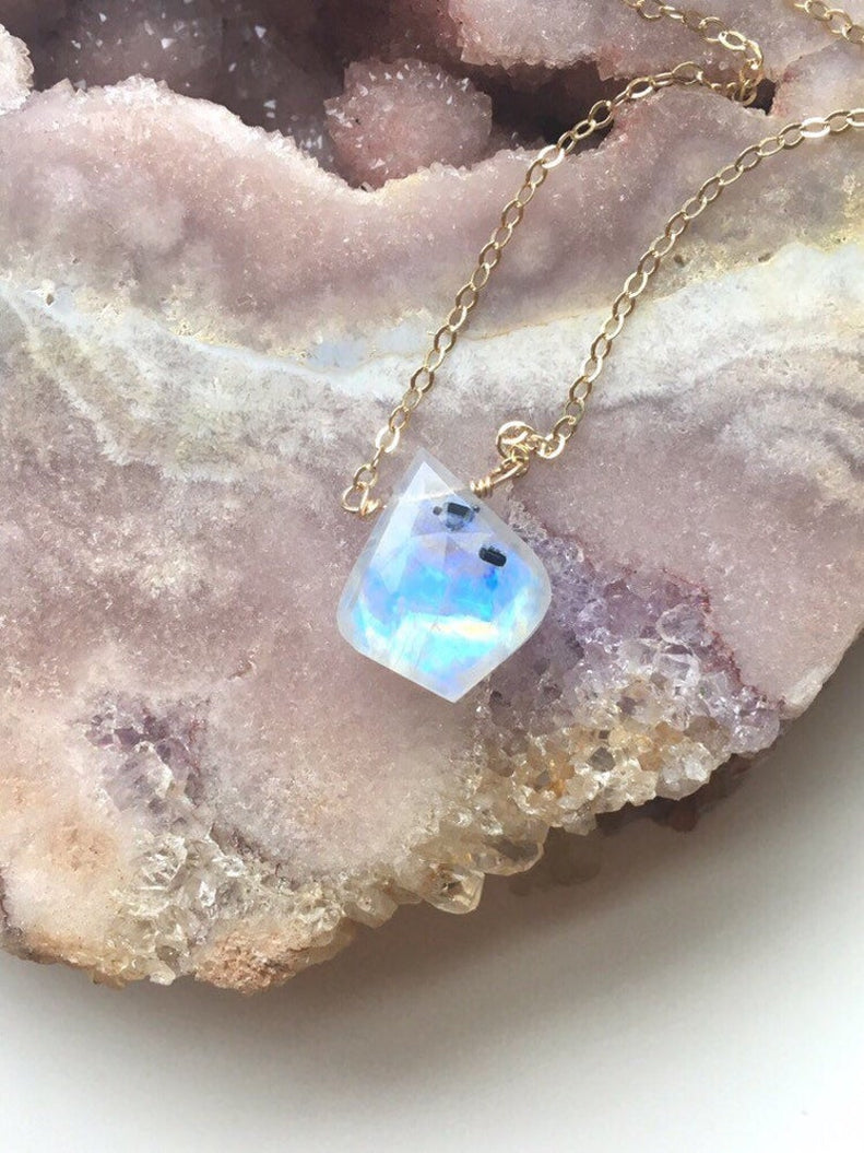 Rainbow Moonstone Crystal Pendant Necklace Sterling Silver or 14kt Gol ...