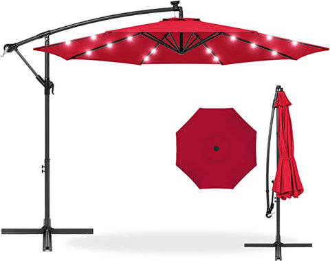 Best Choice Products 10ft Solar LED Offset Hanging Market Patio Umbrella in Red