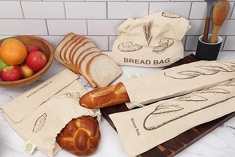 4 bread bags represented on a kitchen counter. 2 long and narrow bags and 2 shorter and wider bags.