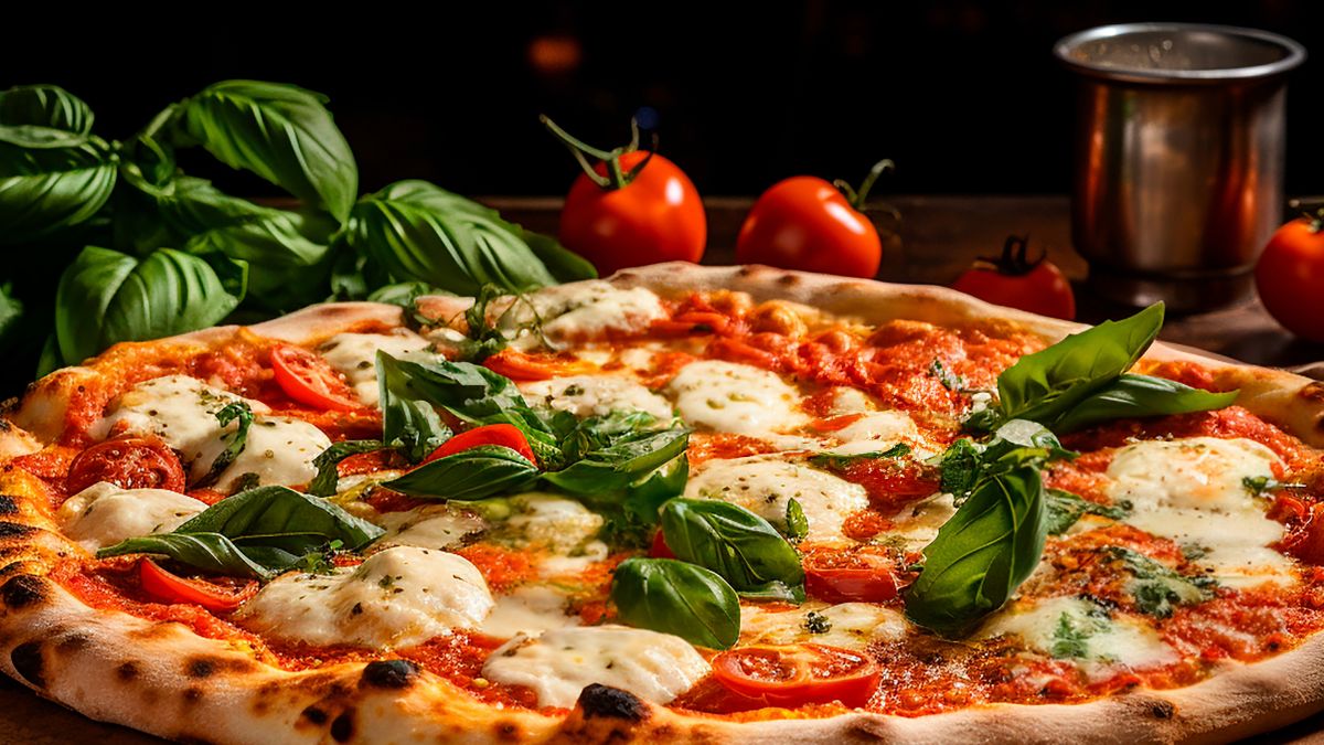 Margherita pizza with tomato sauce, buffalo cheese, and basil