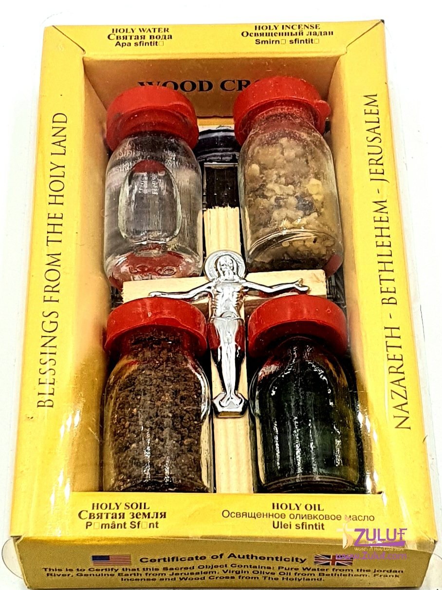 Holy Land Zuluf Set of 5 in 1 Olive Wood Cross Set with 4 Bottles -Holy Oil, Jordan River Water, Holy Earth & Holy Frankincense Gift Pack - HLG207