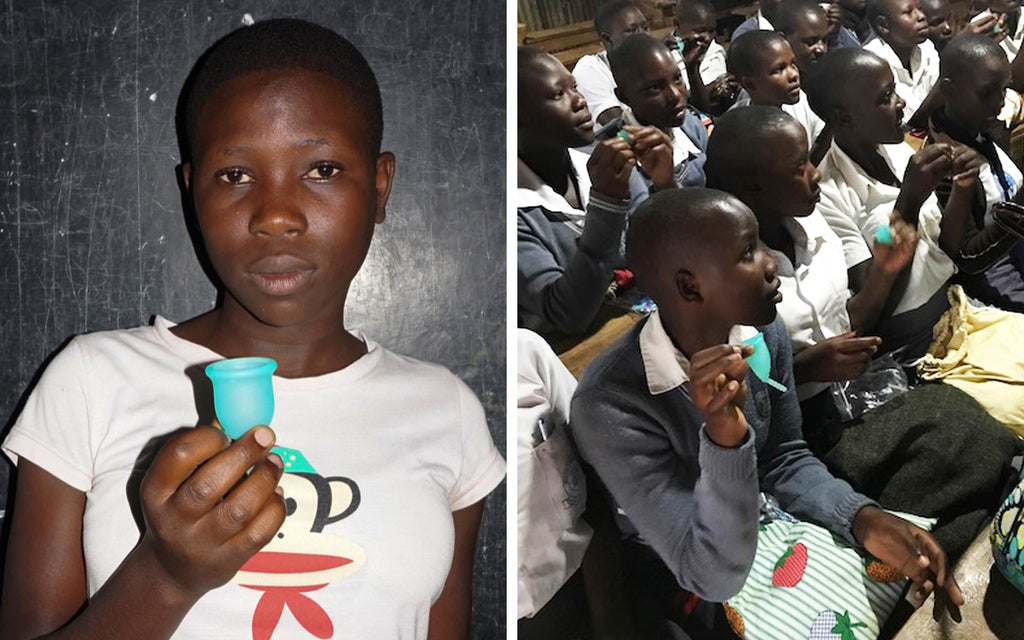 Students in Uganda participate in a menstrual cup information session with their new Lena Cups.