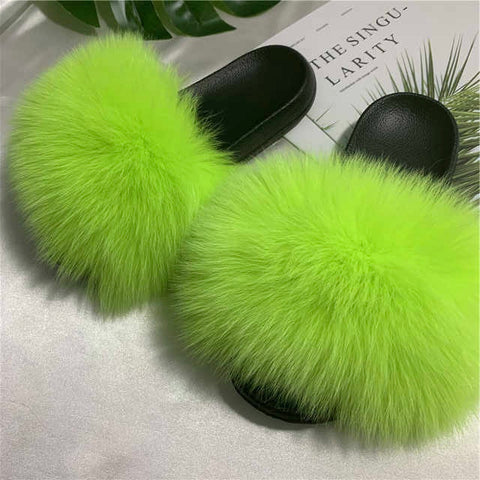 neon green fluffy slides