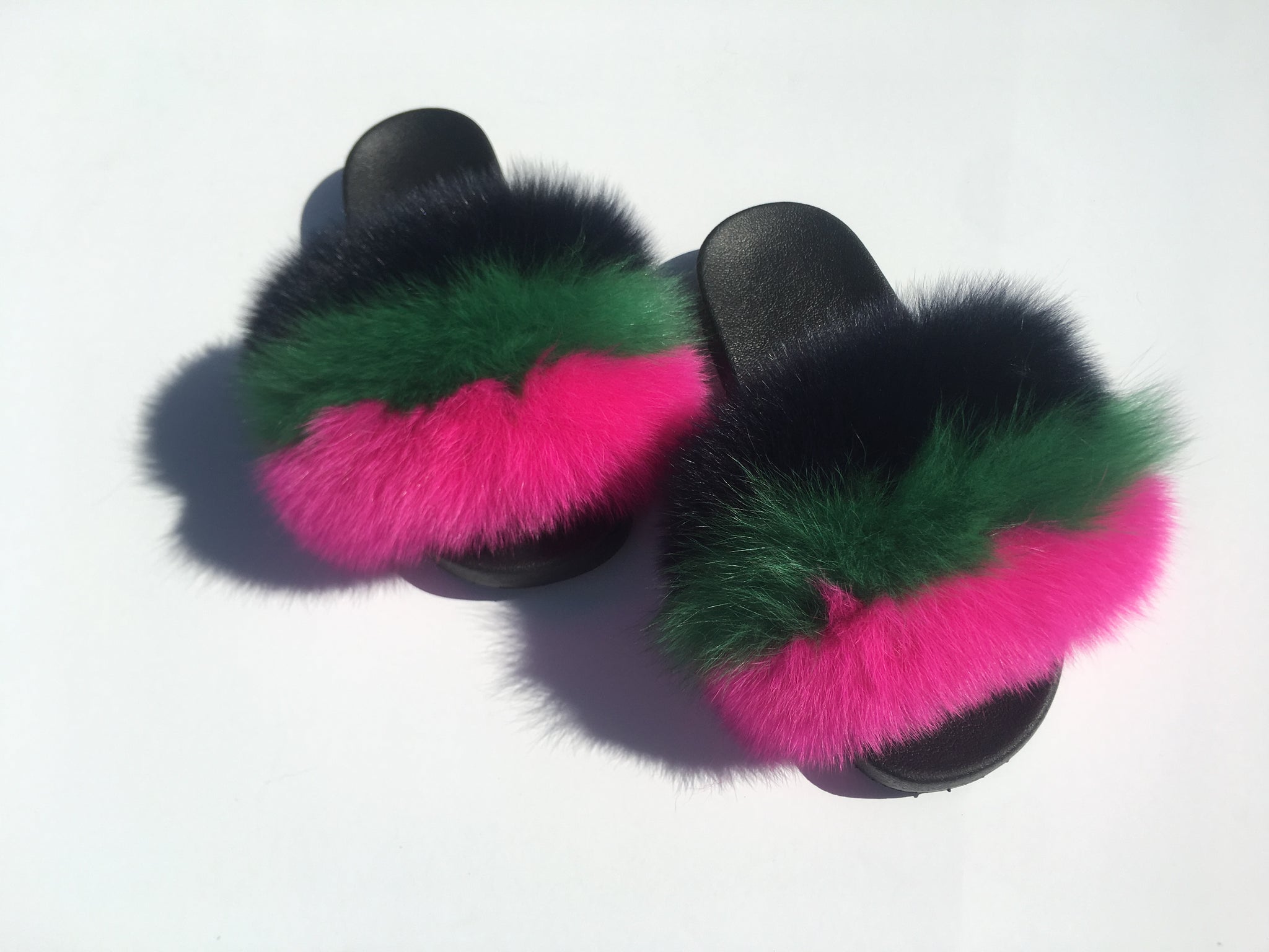 pink fox fur slides