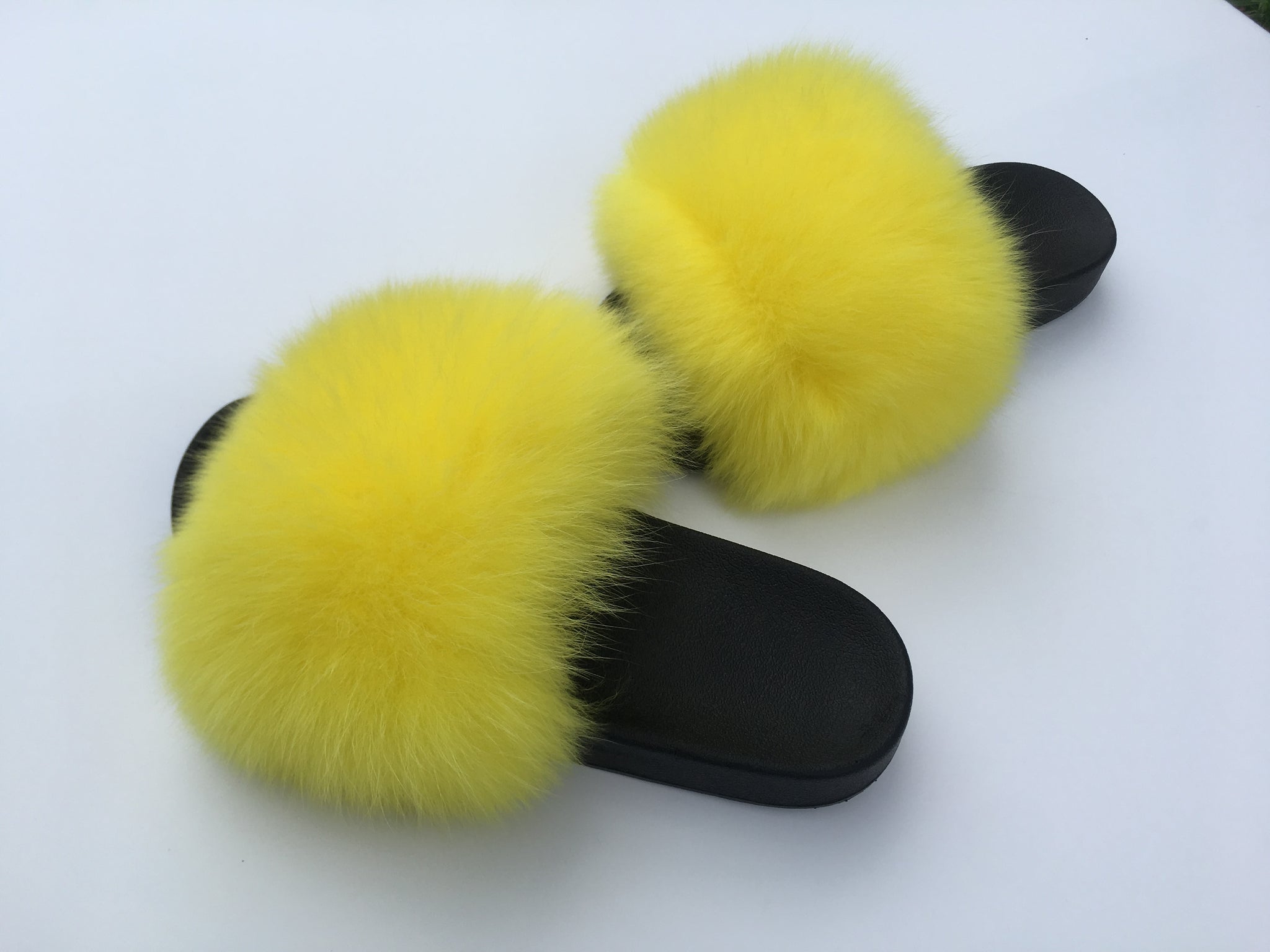 Yellow fox fur slides furry sandals 