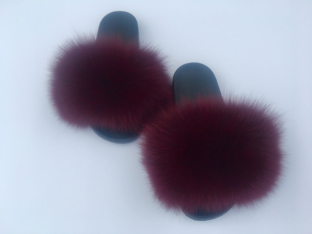 burgundy fur slides