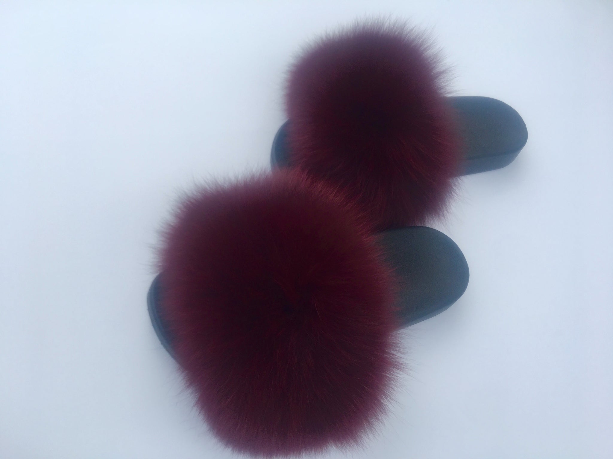 burgundy furry slides