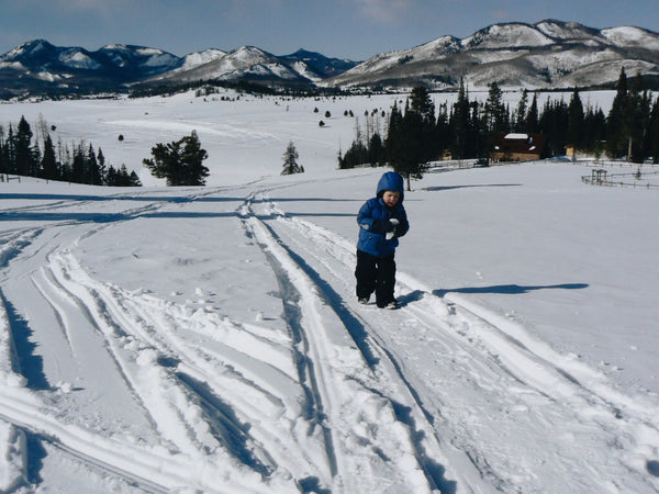young boy in a snowsuit, standing on a snowmobile sled tracks overlooking small mountians