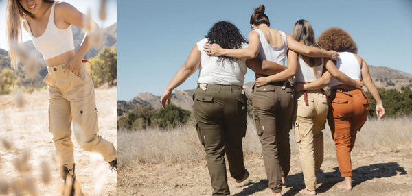 Women in outdoor cargo hiking pants in the California desert mountains