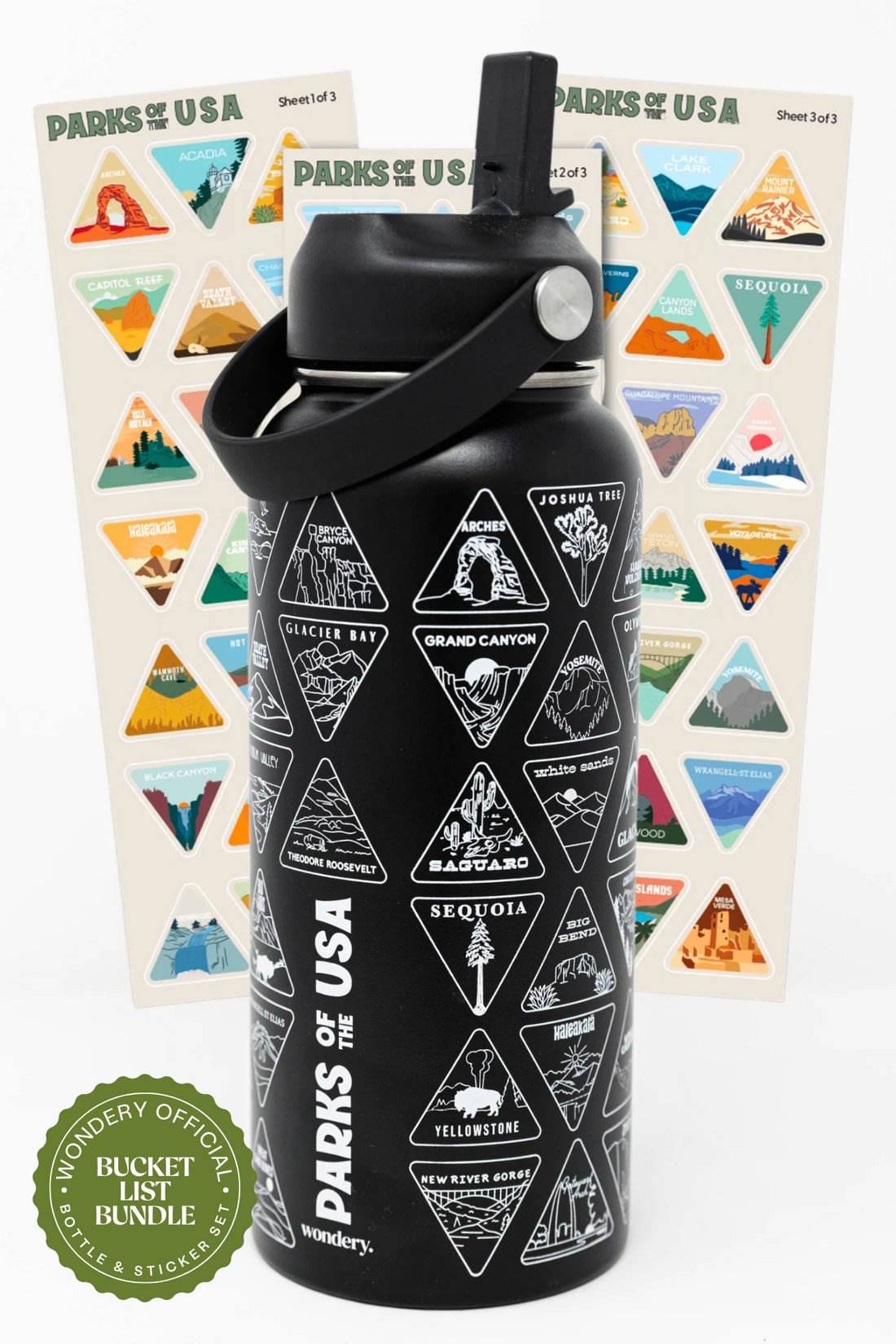 USA National parks lightweight travel water bottle with strap in black